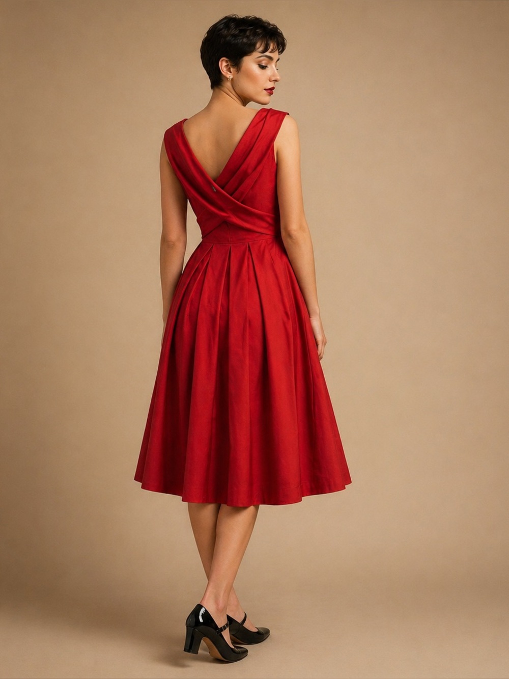 MaxMara Crimson Red Midi Fit-and-Flare Dress with Bow Waist - Picture 3 of 7